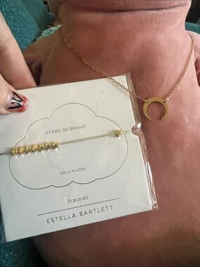 Gold Plated Crescent Pendant Necklace and Star bracelet